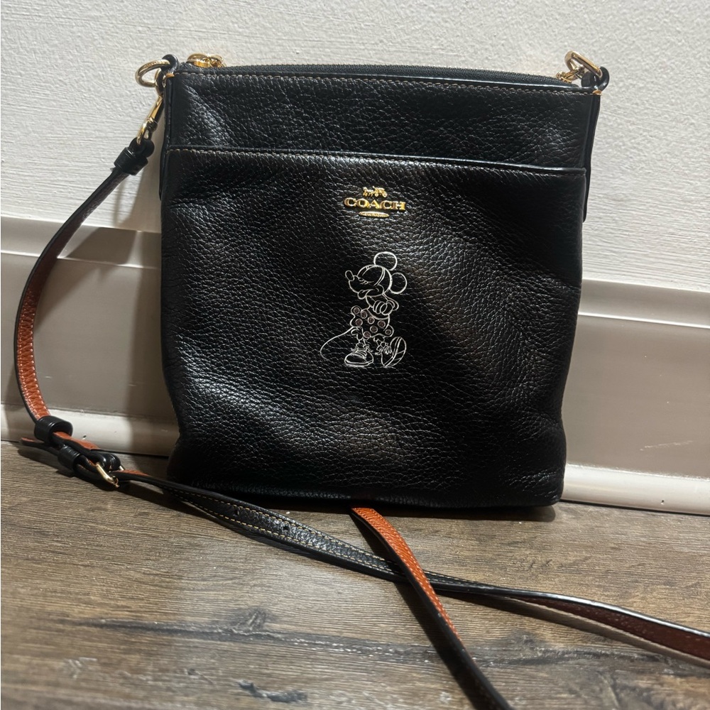 Coach x Disney Mickey Black Leather Crossbody Bag with Brown Strap - Picture 2 of 4